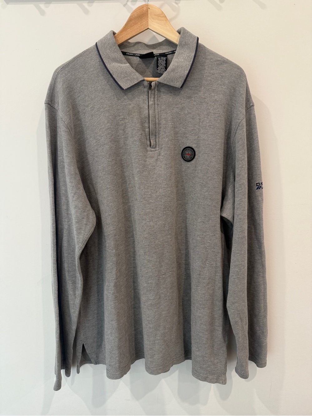 DKNY Vintage Gray 100% Cotton Quarter Zip Polo Long Sleeve Pullover Men L Sport